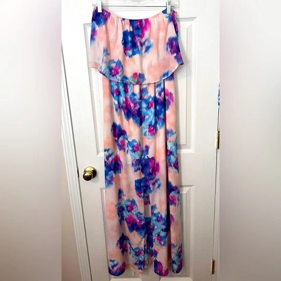 short dress with flowy sleeves Major Beauty Floral Satin Strapless Maxi Dress